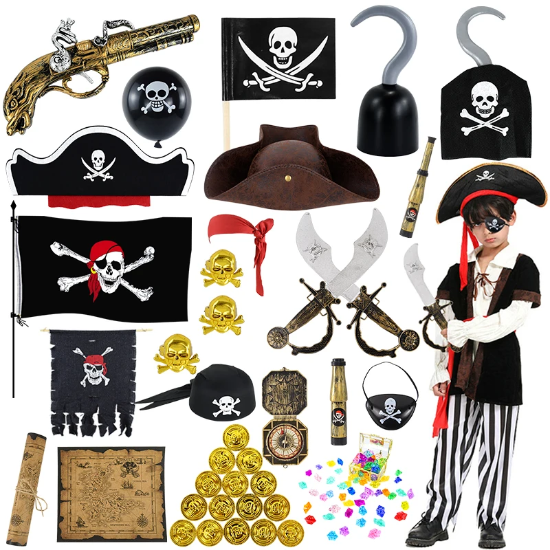 Pirate Captain Cosplay Costume Props Pirate Hat Hook Hand Flag Balloon Halloween Party Decoration Kids Birthday Party Decor Gift