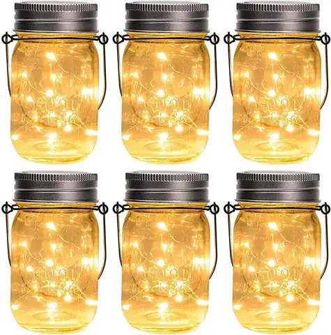 Luzes solares suspensas em frasco de pedreiro, lanternas externas impermeáveis de 30LED de 6 pacotes com cabides e frascos