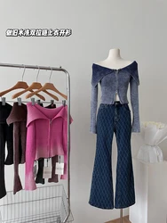 Harajuku Coreano Autunno Donna Cardigan solido Cerniera Slash Neck Maglione accogliente Capispalla lavorato a maglia Manica svasata Gyaru 2000s Estetica