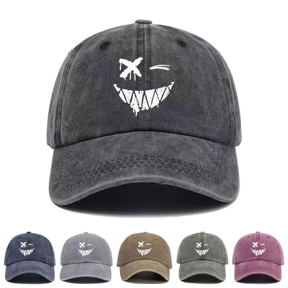 Vintage Washed Baseball Cap Personality Ghost Expression Print Graphic Unisex Streetwear Casual Trucker Style Summer Cotton Hat