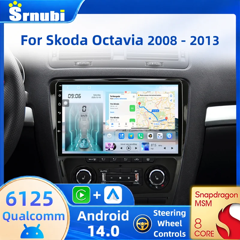 Srnubi Carplay GPS Navigation pour Skoda Octavia 2 A5 2008 - 2013 Android Auto Autoradio Lecteur Multimédia Écran QLED Écran Tactile 2 Din Unité Centrale Qualcomm 6125 8-Cœurs 4G 5GHz WIFI Bluetooth 5.0 Plug and Play Systèmes Intelligents Automobiles