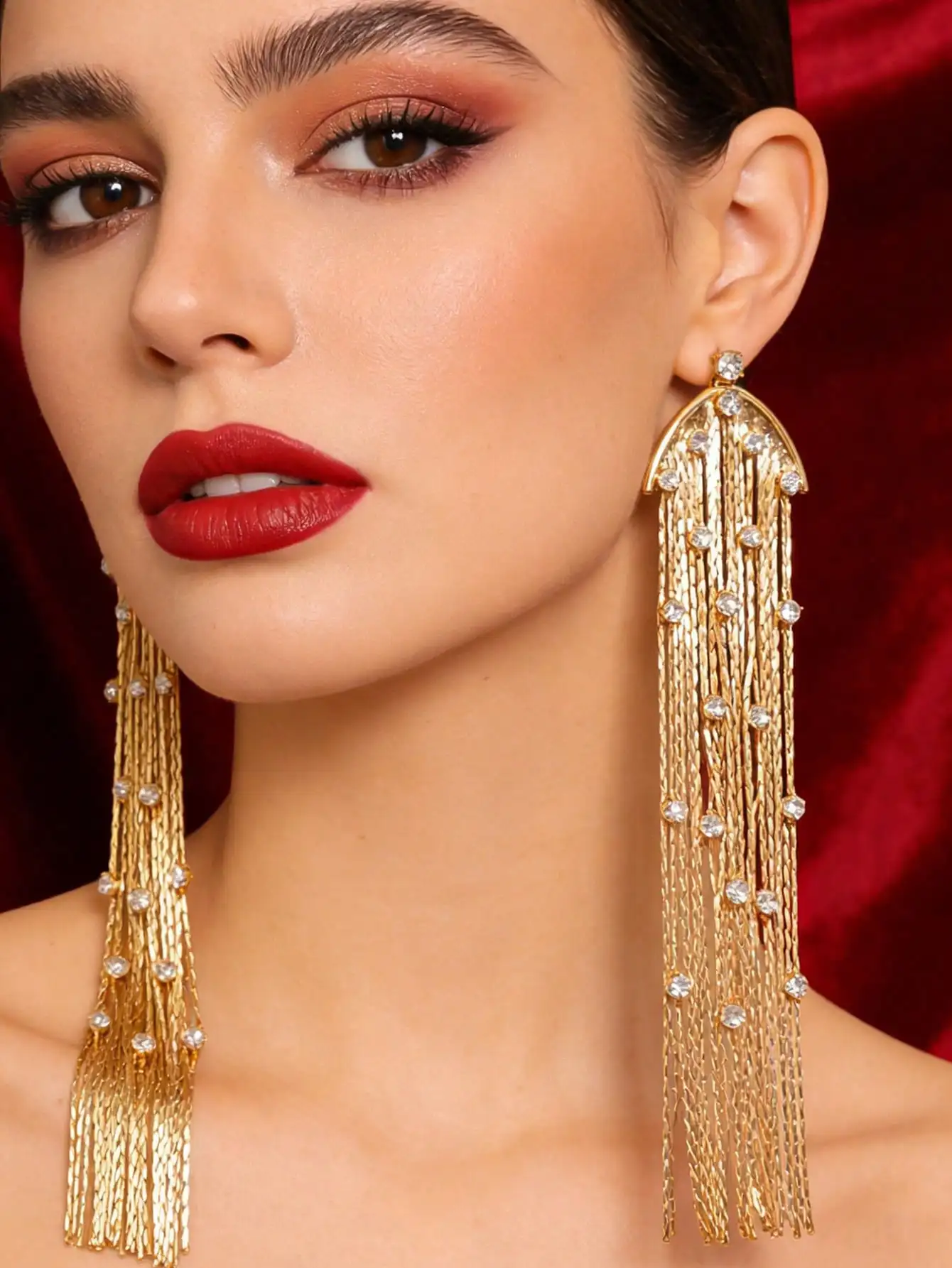 Women's Chunky Gold Tassel Drop Earrings Rhinestone Embellished Fringe Oversized Statement Jewelry