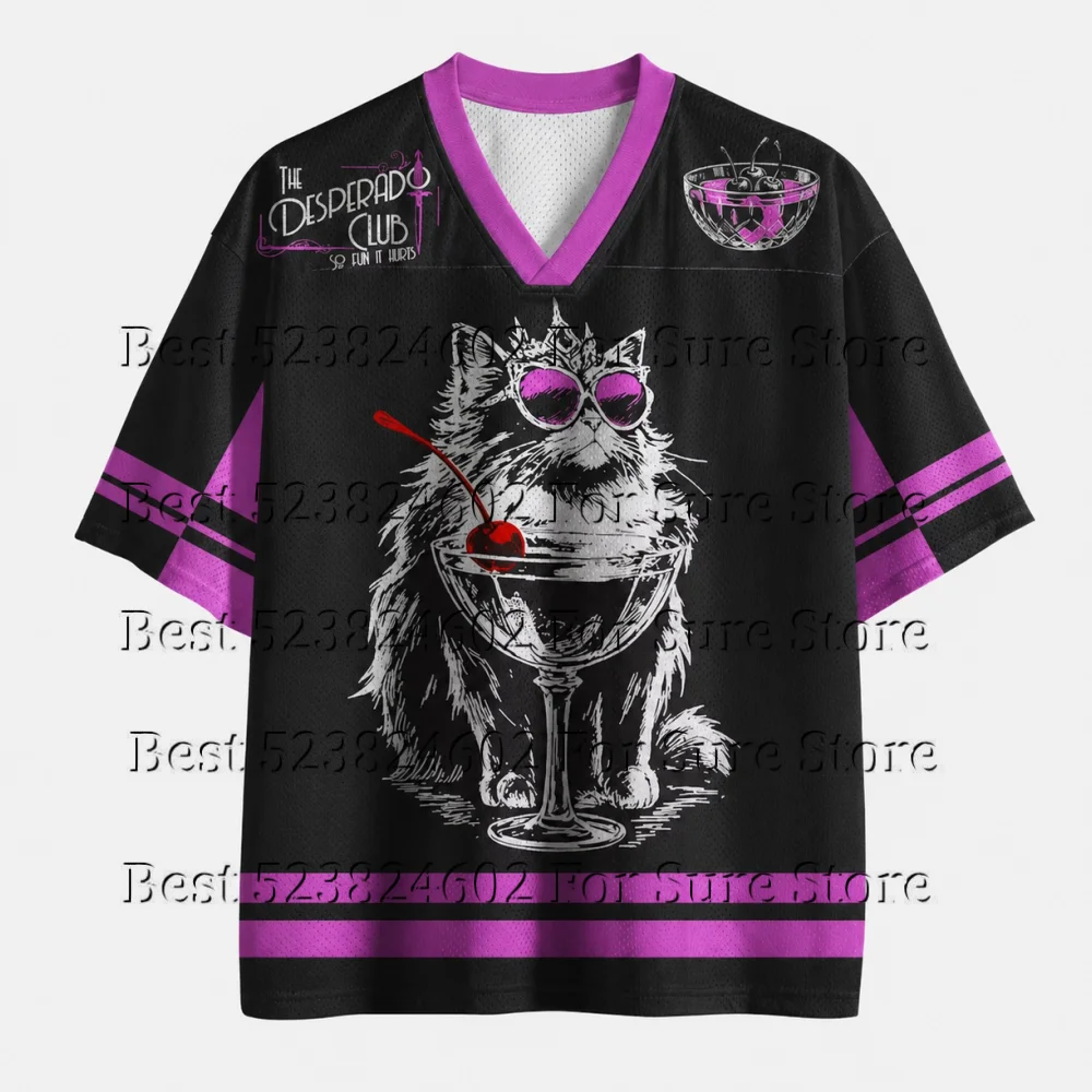 Retro Fantasy Cartoon Cat Women V‑Neck Jersey T‑Shirt The Desperado Club Crown Kitten Treasure Chest Magic Potion Casual Tops