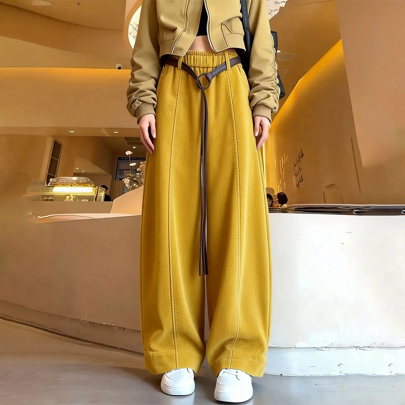 L-5xl Large Size Women Corduroy Wide-leg Pants 2026 New Spring Autumn Elastic High Waisted Straight Trousers Solid Loose Pants
