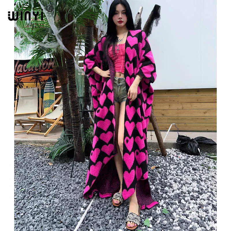 WINYI new Love printed irregular Winter cardigan woman Knitted kimono Fashion party dress Thick Warm Female abaya holiday coat