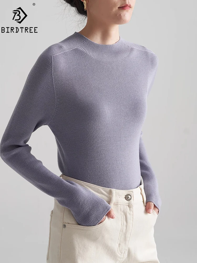 

BirdTree, 100% Wool Machine Washable Sweater, Women Long Sleeve Mock Neck, Seamless Bottom Knit Top, 2024 Summer Fall T46984QM