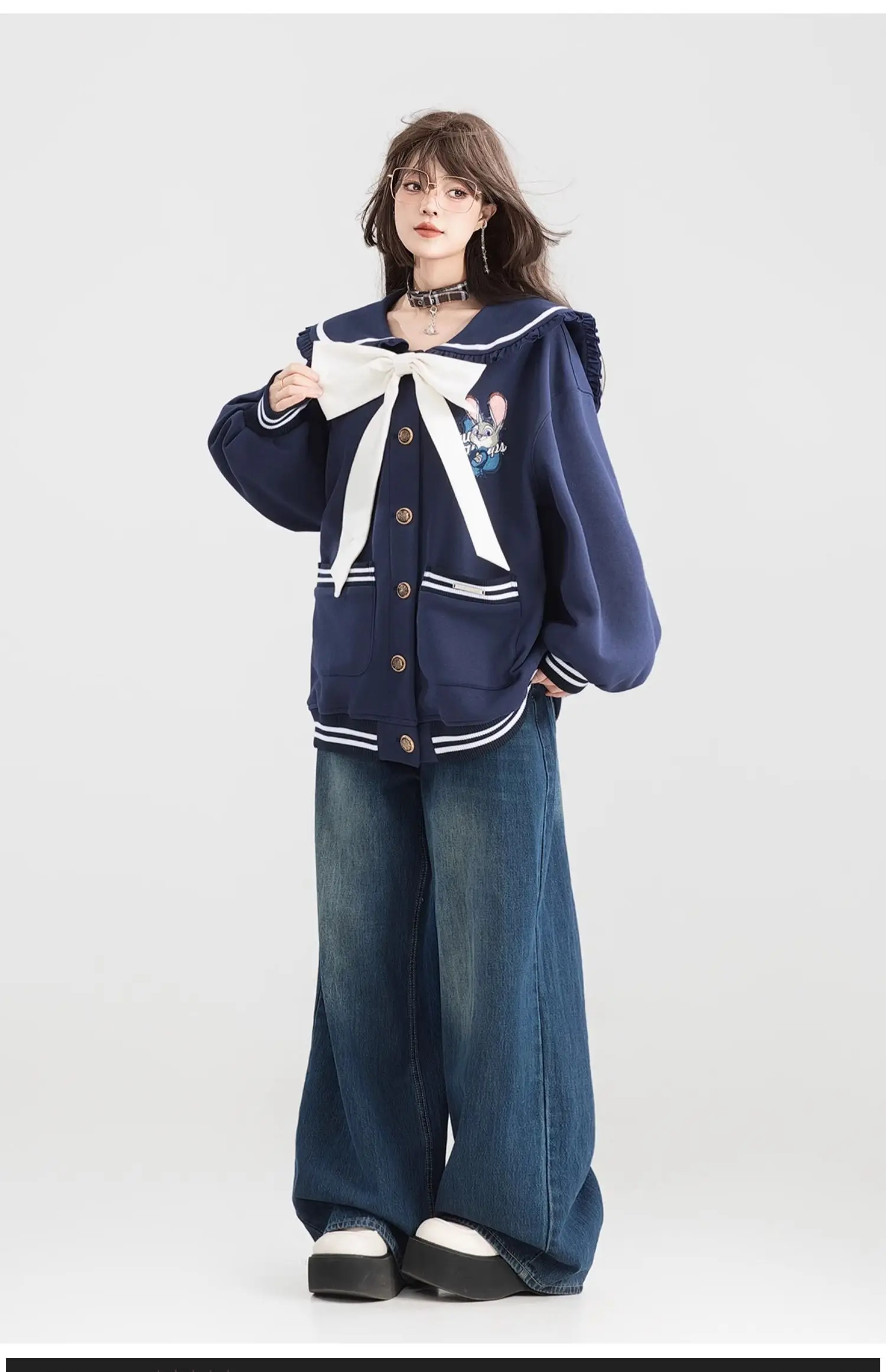 Removable Bow Sweet Single-breasted Navy Collar Jacket Women 2025 Autumn College Style Loose Sweatshirts Top