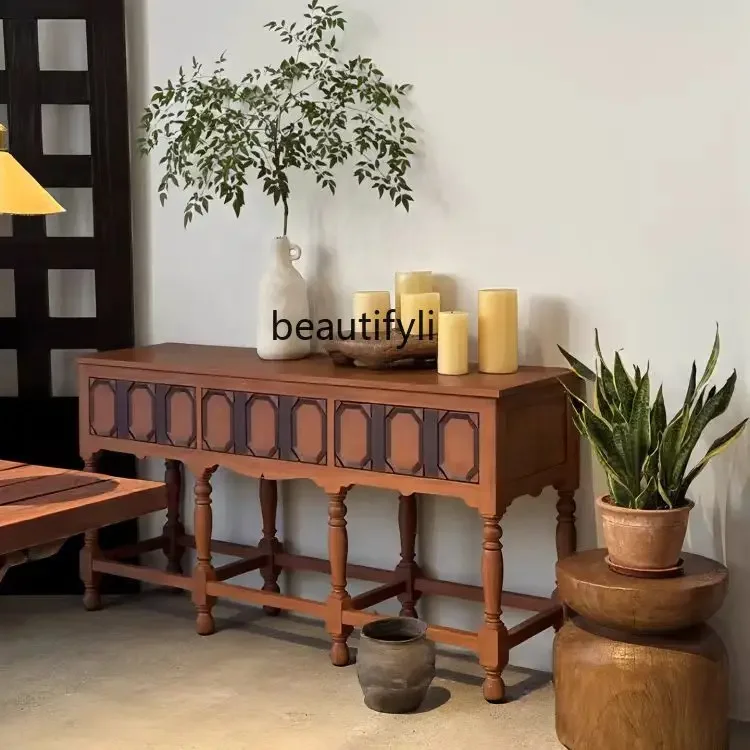 

American solid wood entrance cabinet French retro living room dining side cabinet foyer entrance table antique side cabinet