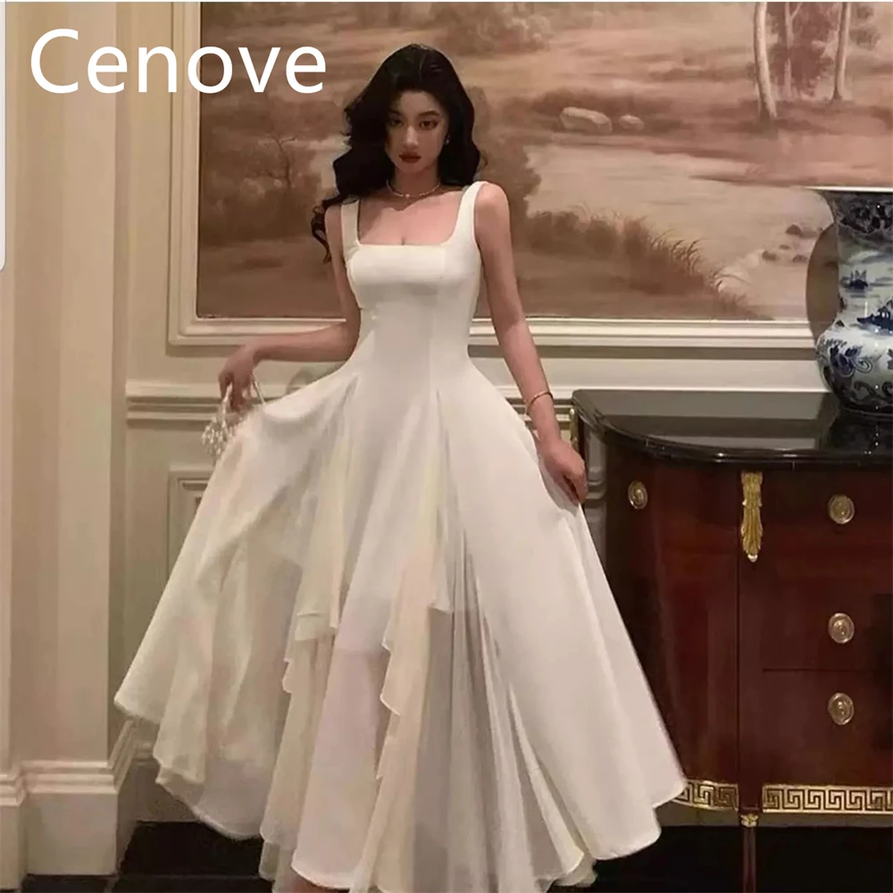 

Cenove White A-Line Square Neckline Prom Dress Short Sleeves With Ankle-length Evening Summer Elegant Party Dress For Women 2023