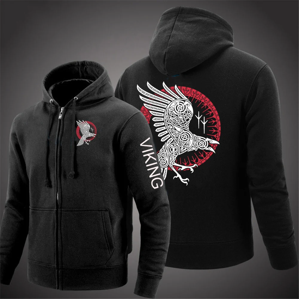

2024 Raven Vikings Men New Long Sleeve Print Solid Color Zipper Hooded Long Sleeve Jacket Casual Sweatshirt Hoodie Pullover Tops