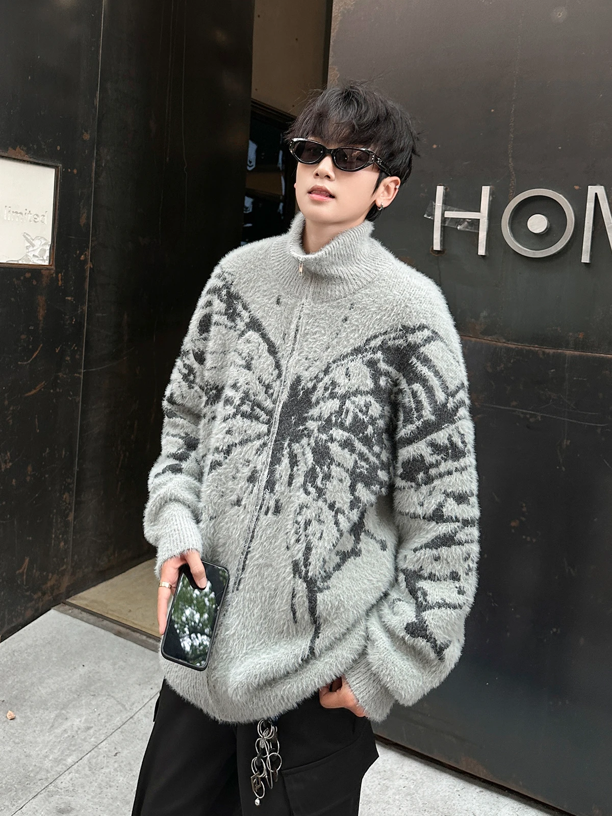 Retro American  Embroidery Zipper Open Cardigan Sweater Men's Autumn Winter Street Sle Lazy Loose Knitted Jaet