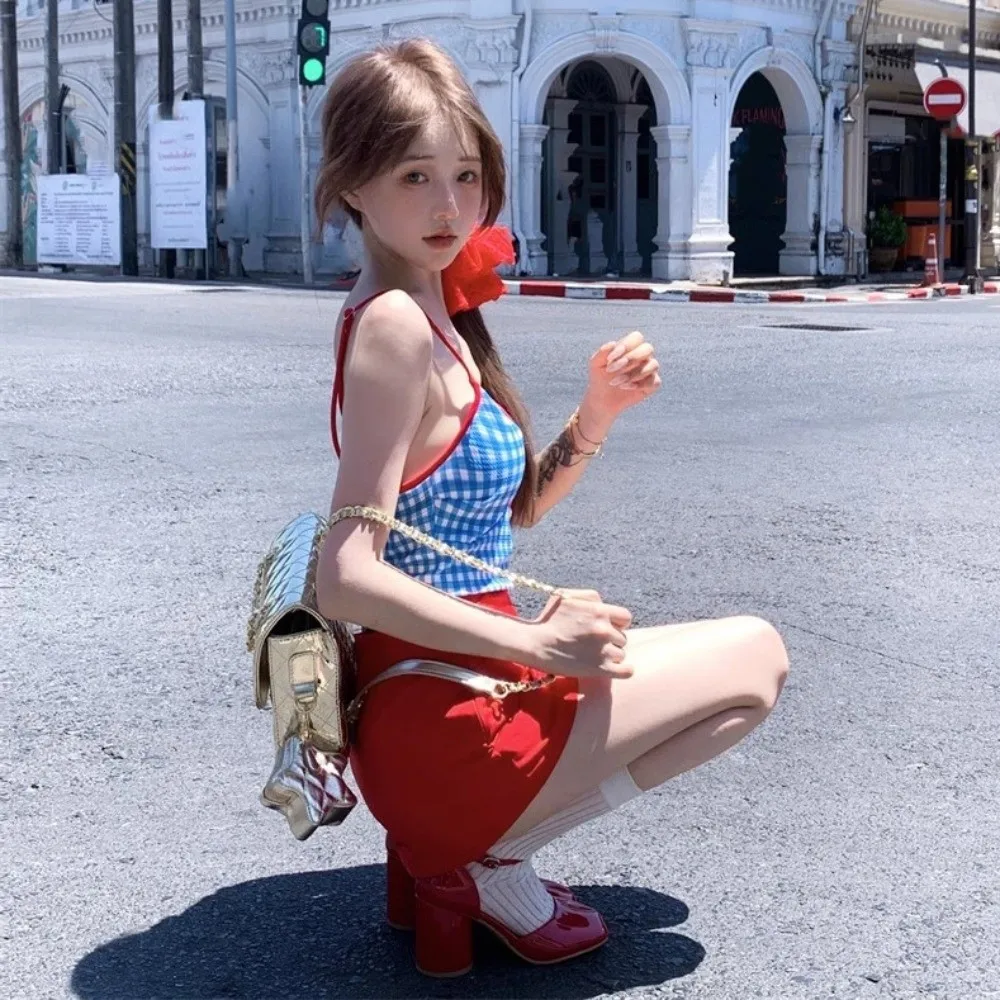 

Fashion Slimming Design Plaid Swimsuit Suit Conservative Style Backless Skirt Bathing Suit Fresh Blue Swimwear Bikini Set Ladies