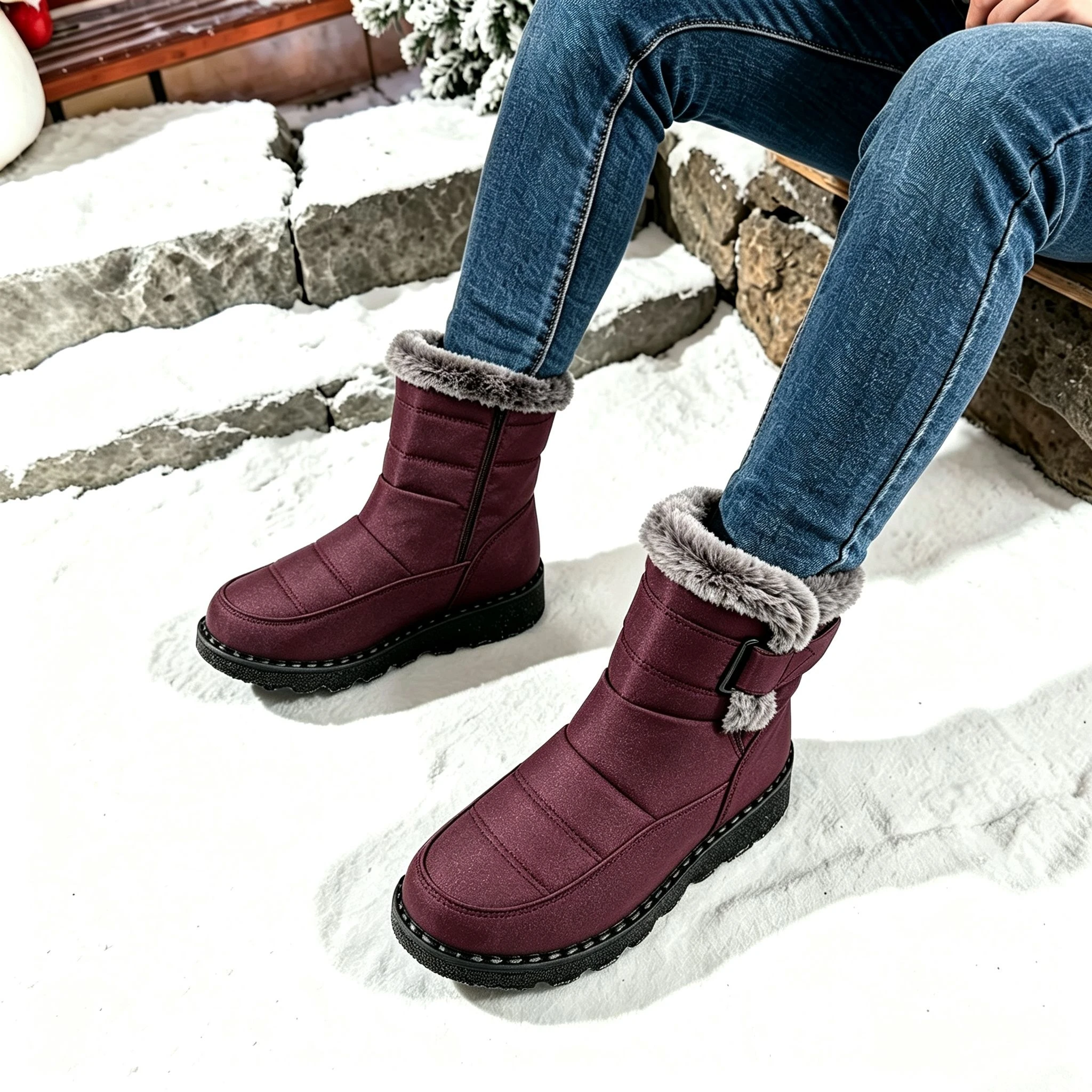Damen Winter Pelzige Plateau-Schneestiefel 2026 Trend Wadenlange Winterstiefel Wasserdicht Rutschfest mit Schnalle Warm Flauschig Outdoor – Detail 9