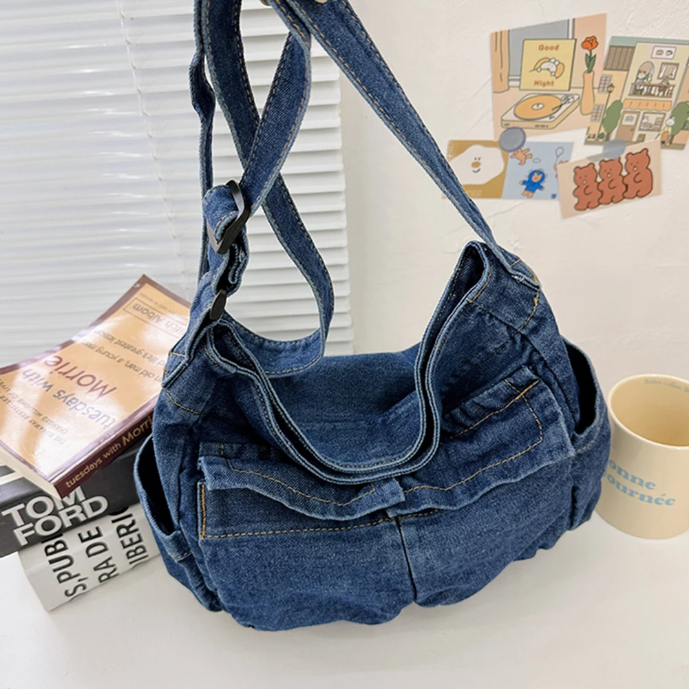 Women Denim Messenger Bag Large Capacity Retro Satchel Ladies Multifunction Shoulder Bag Adjustable Strap Fashion Crossbody Bags