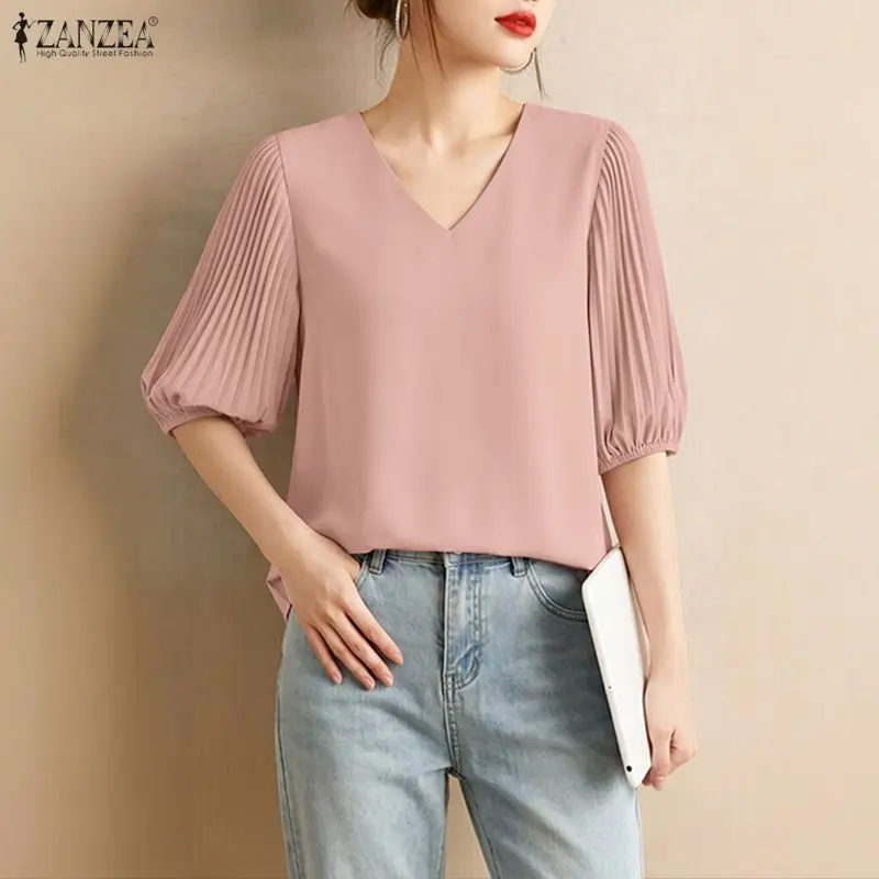 

2026 ZANZEA Women Summer Blouse Stylish V Neck Short Sleeve Tops Elegant Casual Solid Pleated Work Shirt Loose Holiday Mujer