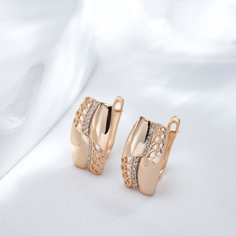 Kinel New Fashion Glossy Natural Zircon Earring for Women Unusual Creative Hollow Flowers 585 Rose Gold Color Vintage Jewelry