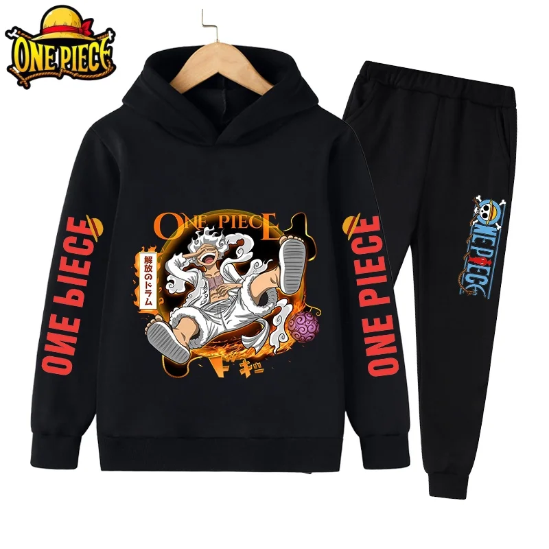 

2026 Boys Hoodie and Sweatpants Set with Pockets Japanese Anime One Piece Luffy Zoro Klids Girls Casual Hooded Sweatshirt Tops