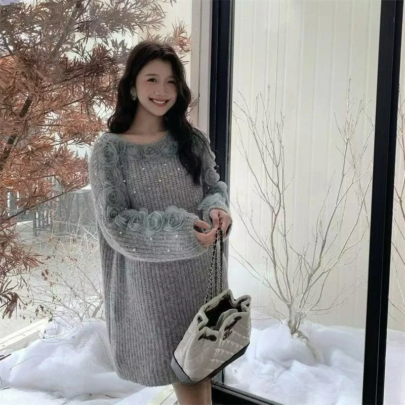 New fashion Dress for Overweight Girls Laid-back Style Knitted Rose with Cutouts Long-sleeved Plus-size Women Dress 2026 Winter