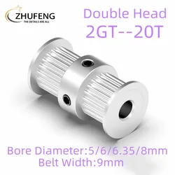 GT2 2GT 20 치아 더블 헤드 알루미늄 풀리 보어 5mm 6mm 6.35mm 8mm 너비 9mm 3D 프린터 용 타이밍 휠