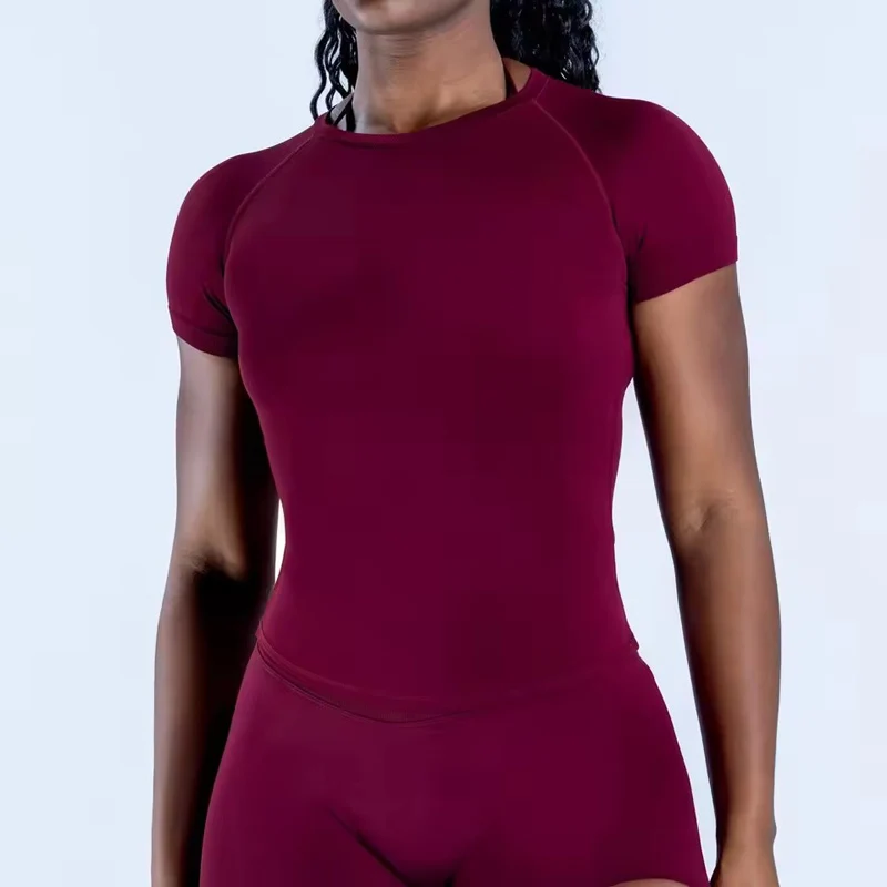 Korte mouw yogatop zonder logo, ronde hals, naadloze gymshirt voor dames, hoge stretch sport- en hardloop T-shirts, workout kleding