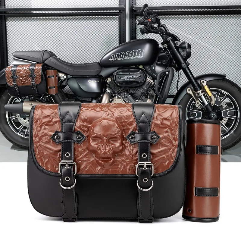 

Motorcycle Bag PU Leather Contrast Color Splicing Cruise Side Bag Personalized Retro Punk Motorcycle Modification Bag