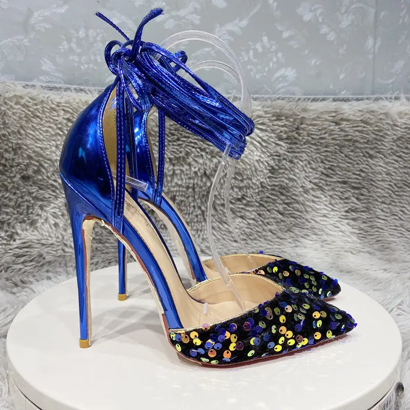 

European and American style sparkling diamond toe high heels, Xia Yujie's blue silk ankle strap high heels