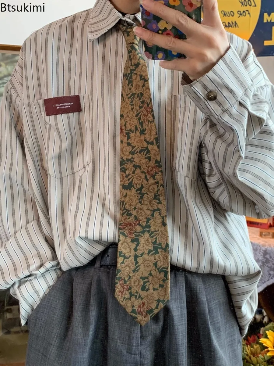 

Винтажные полосатые мужские рубашки с длинным рукавом в стиле Харадзюку, уличная одежда, свободные повседневные топы в консервативном стиле, весенне-осенние трендовые блузки в японском стиле