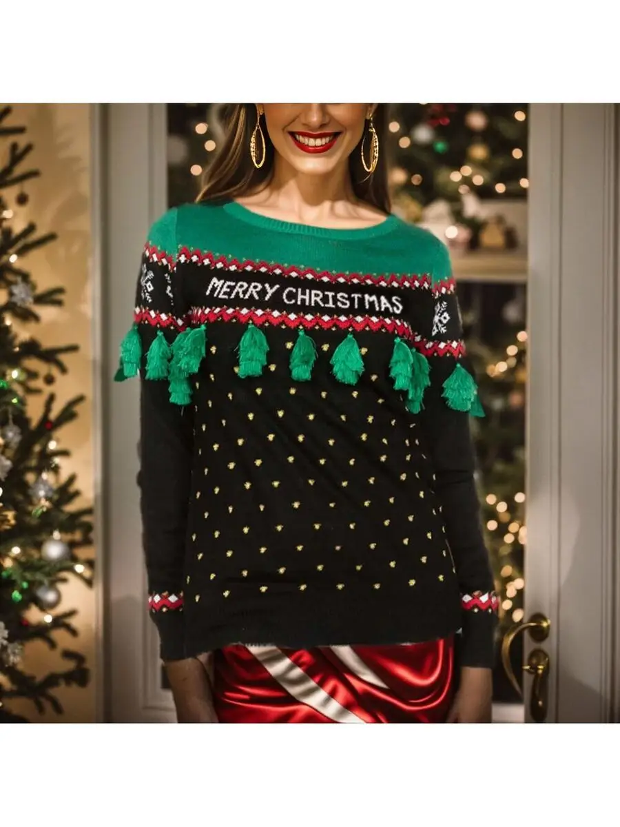 

Womens Festive Green Christmas Sweater With Tassels And Merry Christmas Lettering