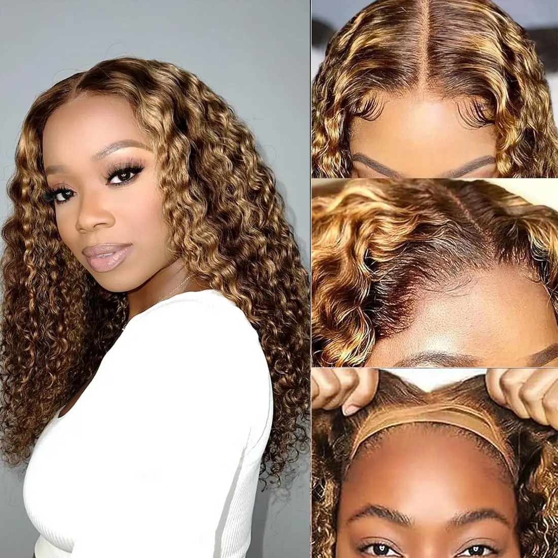 

Highlight Wear and Go Deep Wave Honey Blonde Glueless Wigs 100% Human Hair Pre Cut Curly Wigs for Women Ombre HD Lace Front Wig