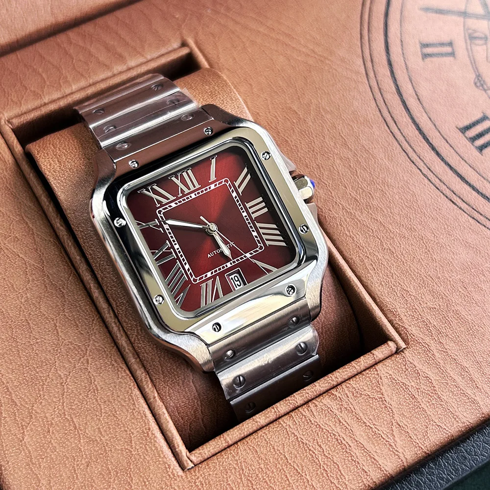 NH35 Watch man's watch square dial Red wine color Folding Buckle Square Case fit NH35 6 o' clock movement view 3