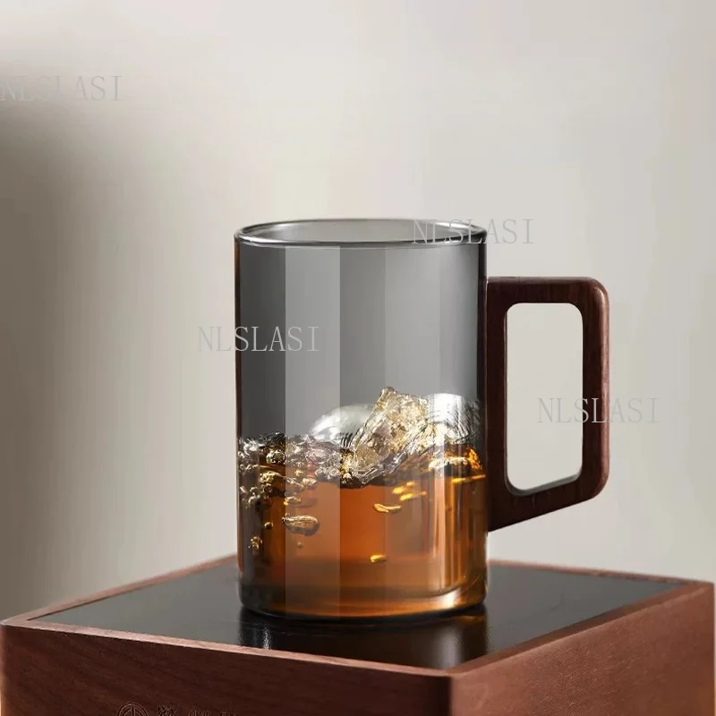 Smoky Gray Double Wall Glass Tea Mug Wooden Handle Built-in Mountain Tea Infuser with Wooden Lid Household Tea Brewing Cup view 2