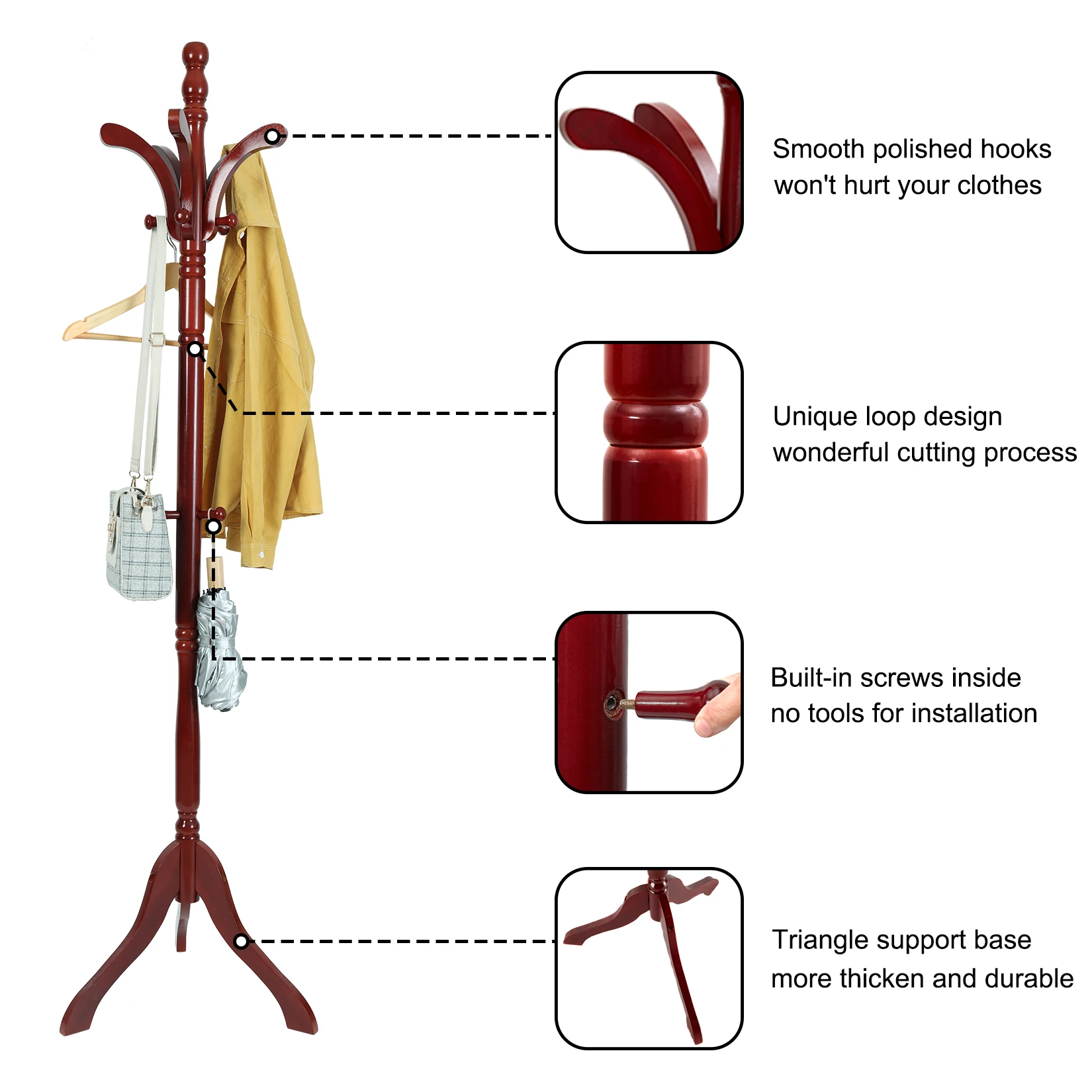 Wooden Coat Rack Stand Height Adjustable Hall Tree Entryway Clothes Rail image 5