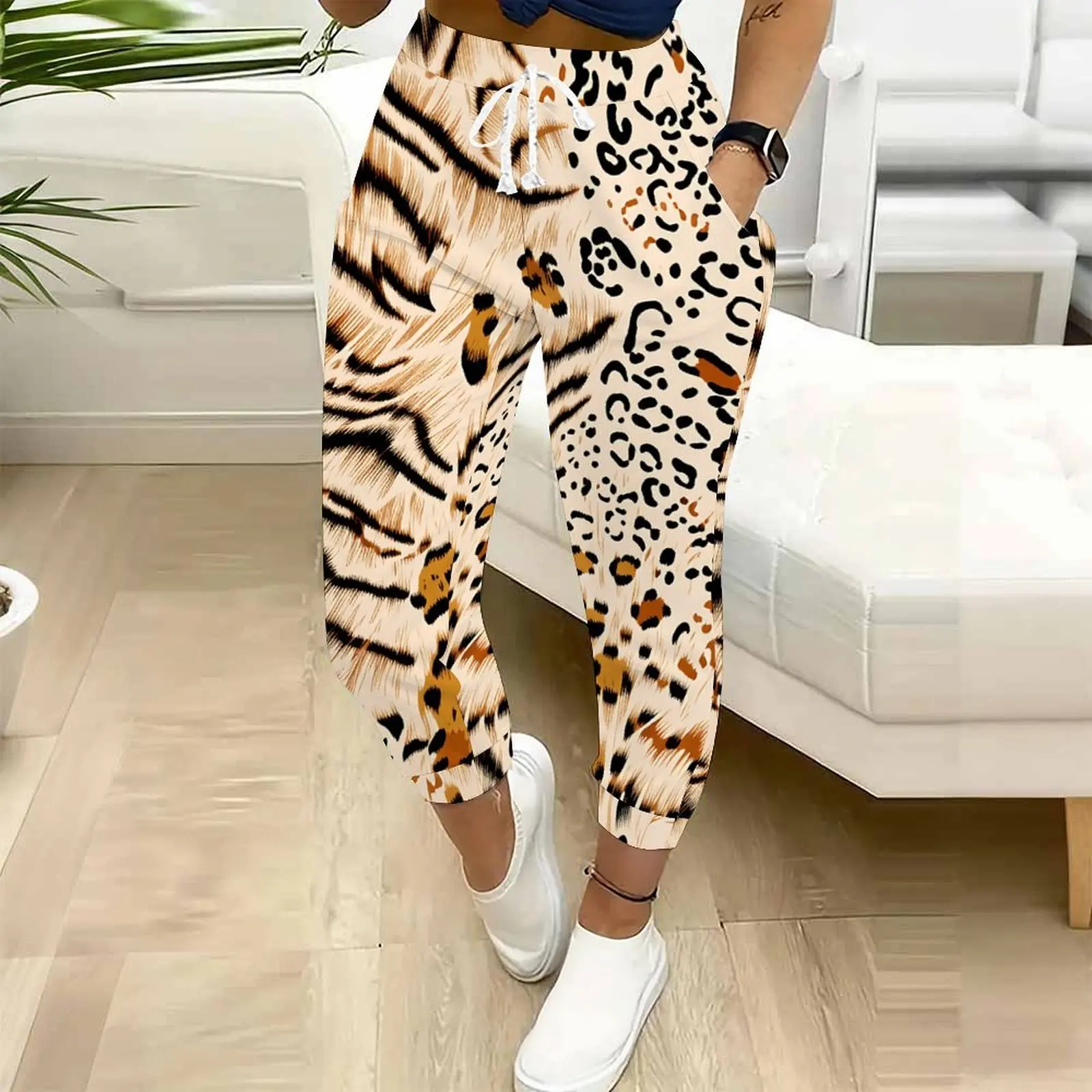 Autumn Women's Fashion Leopard Print Ninth Pants  Winter Casual Drawstring Design Pants Women Casual Sport Pants