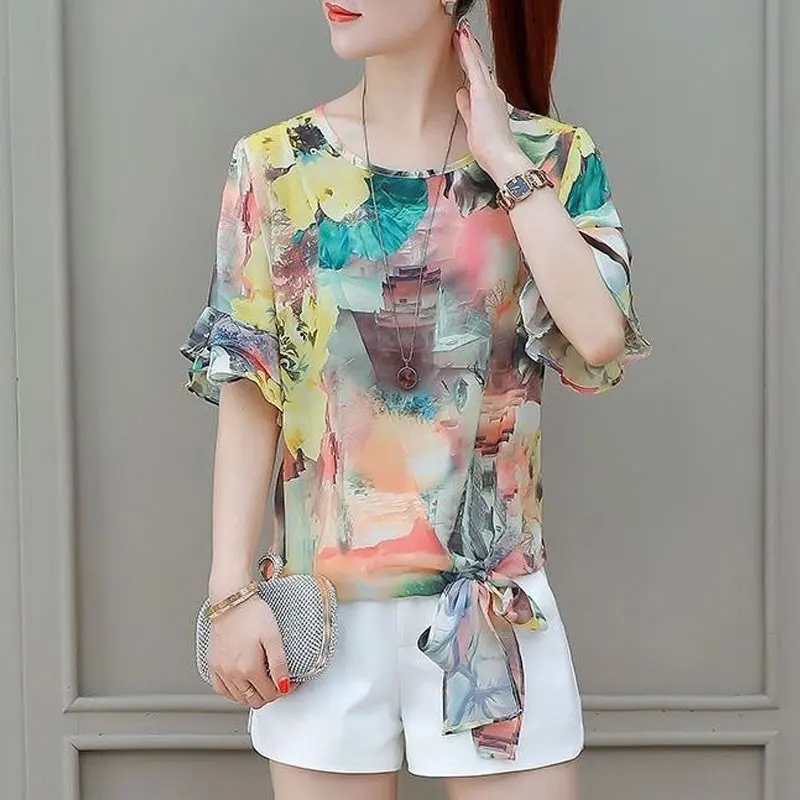 Office Lady Elegant Ruffles Patchwork Blouse Fashion Floral Printed Summer Loose Female Short Sleeve Casual Drawstring Bow Shirt