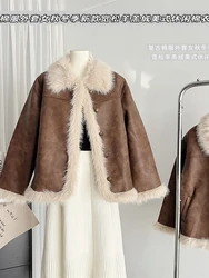 Women's Brown Leather Coat Jacket Vintage Long Sleeve Faux Fur Motorcycle Short Jackets Y2k Coats Harajuku Outfits 2000s Clothes