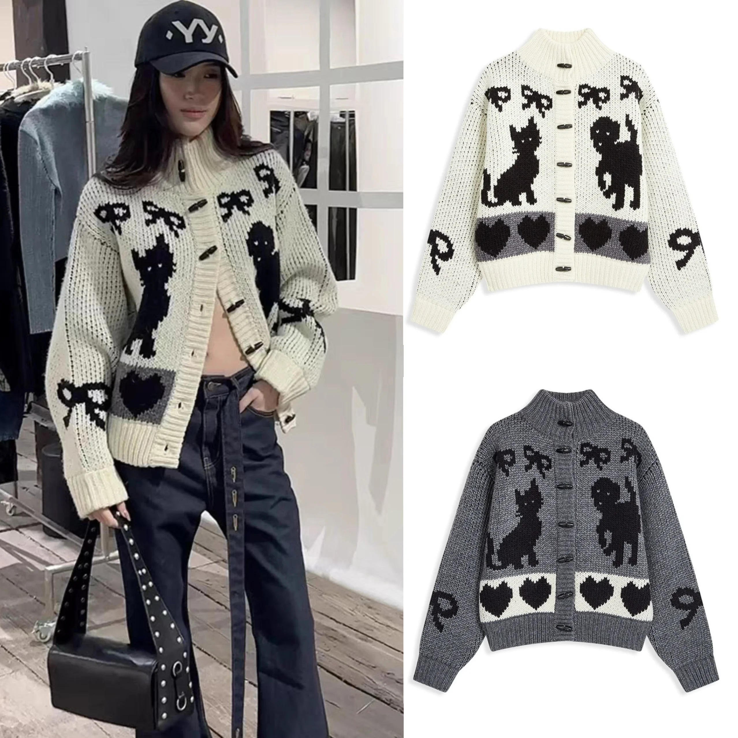 

Openyy Lazy Pattern High Collar Knitted Sweater Loose Fit Button up Cardigan Coat Casual Sle Women's Winter Warm Top