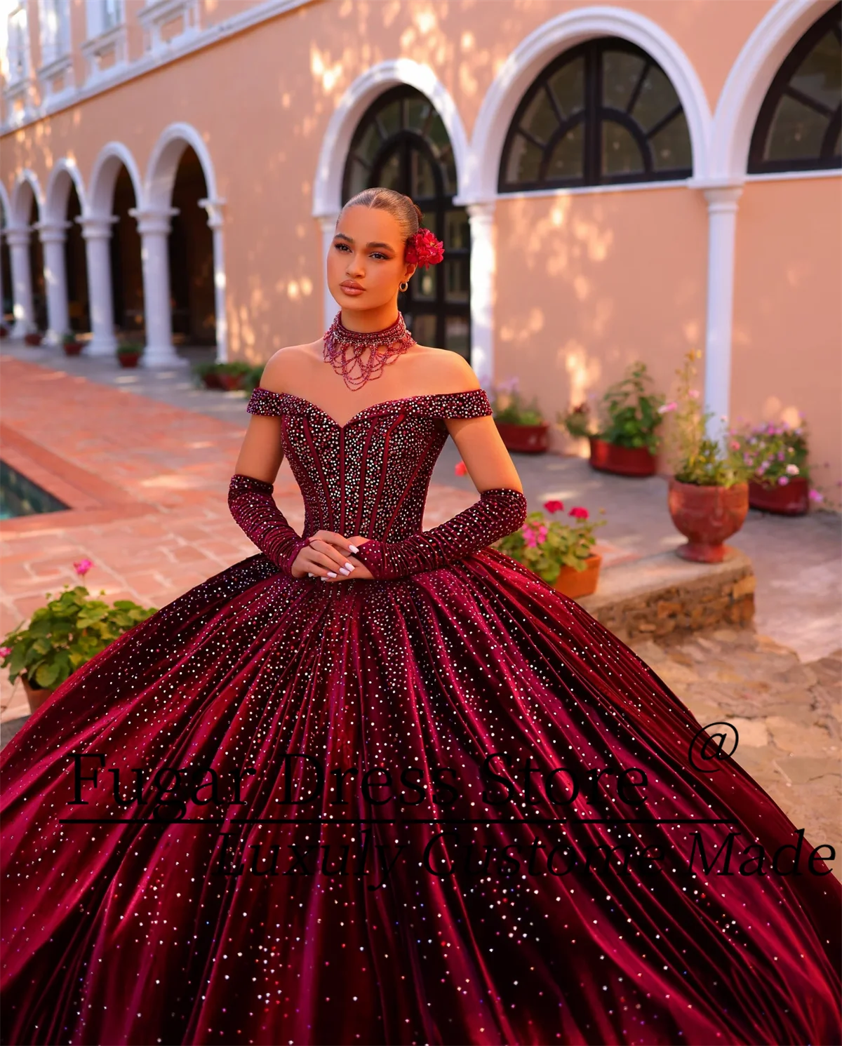 Červená víno kněžna quinceañera šaty ramínek elegantní samet dlouhé pryč bedra korálkový embellishments vestidos de 15 anos 24