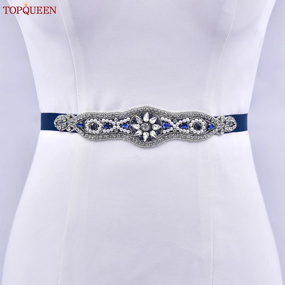 TOPQUEEN New Wedding Sash Bridesmaid Gown Belt Sapphire Blue Diamond Hand-applique Bridal Accessory S18-ML