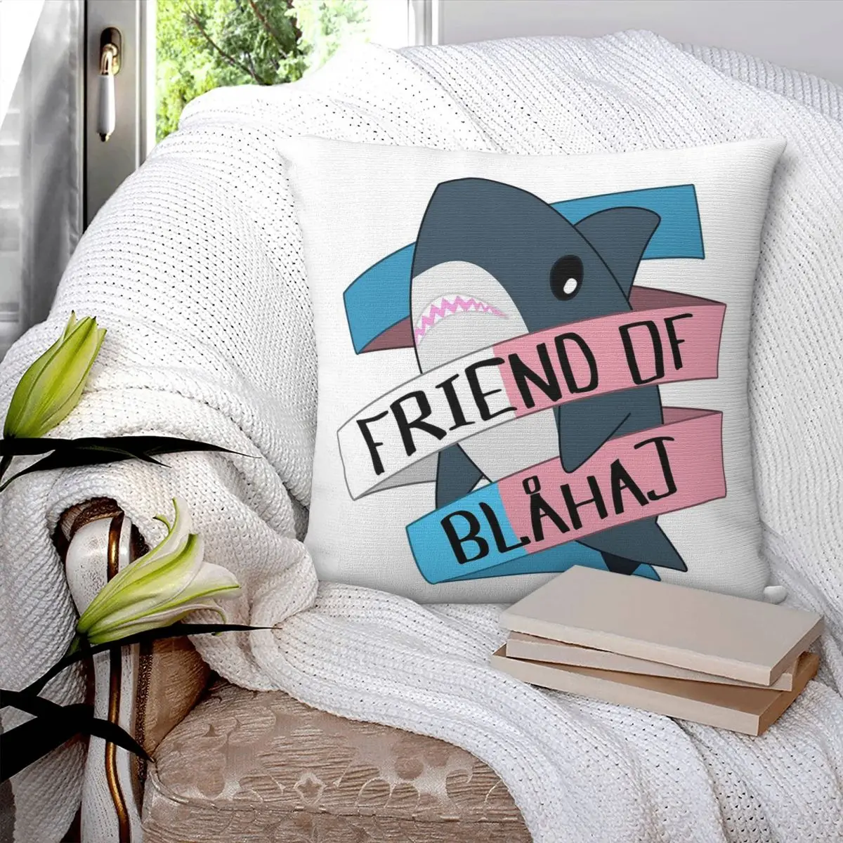 Friend Of Blahaj Trans Banner Square Pillowcase Pillow Cover Polyester Cushion Decor Comfort Throw Pillow for Home Bedroom