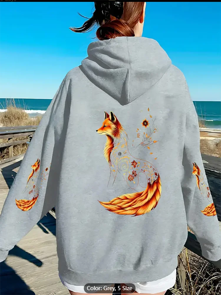 Sudadera con capucha negra para mujer, sudadera con capucha y cremallera completa con estampado de llamas de zorro naranja, ropa de abrigo informal de ajuste relajado, estilo informal