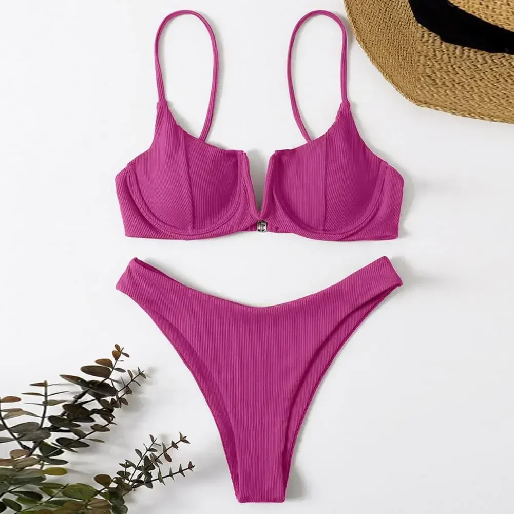 

2Pcs/Set Women Bikini Set Padded Whorl Textre Solid Color V Neck Backless Women Bathing Suit Water Sports Clothes