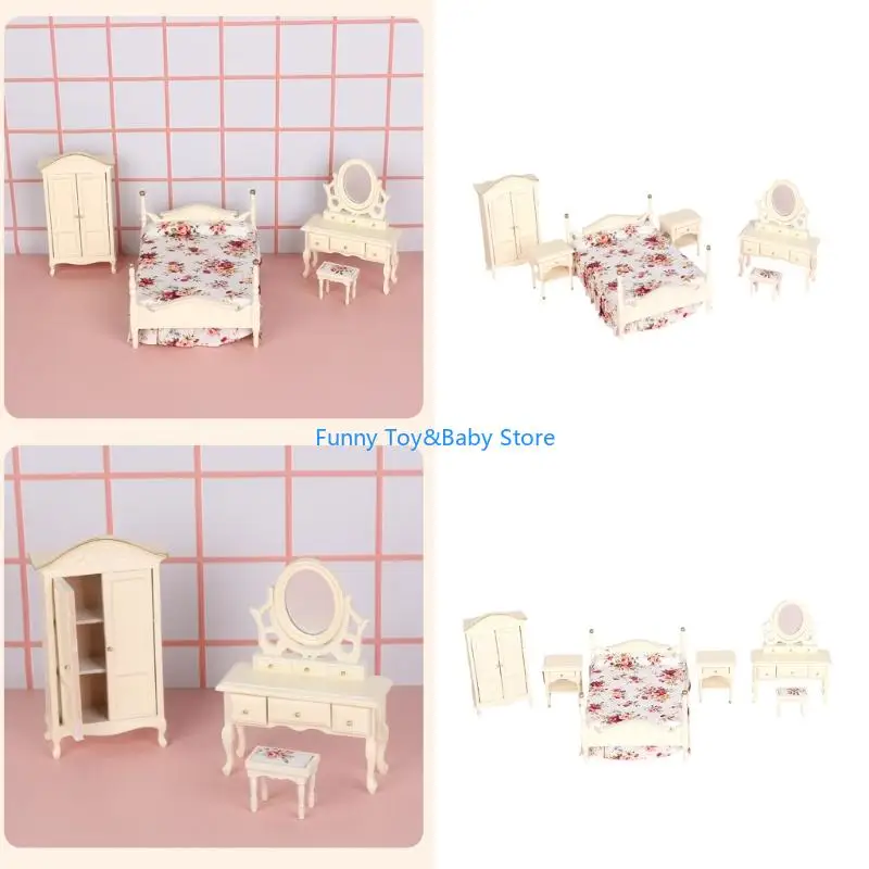 

Bedroom Scene Bedstand Table Chair Bed Pretend-Play Kid Playset Bedroom Realistic Dollhouses Furniture Playset C90B