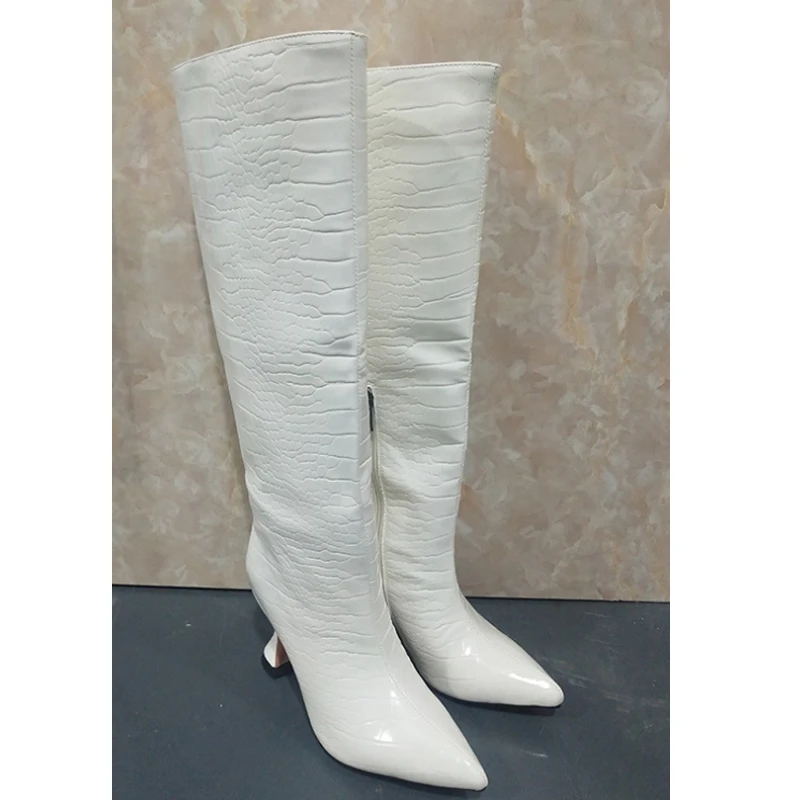 أسود نمط التمساح أشار تو كأس للنبيذ الكعوب حذاء برقبة للركبة امرأة 2026 براون الجانب سستة على شكل كعب منتصف العجل الأحذية #2