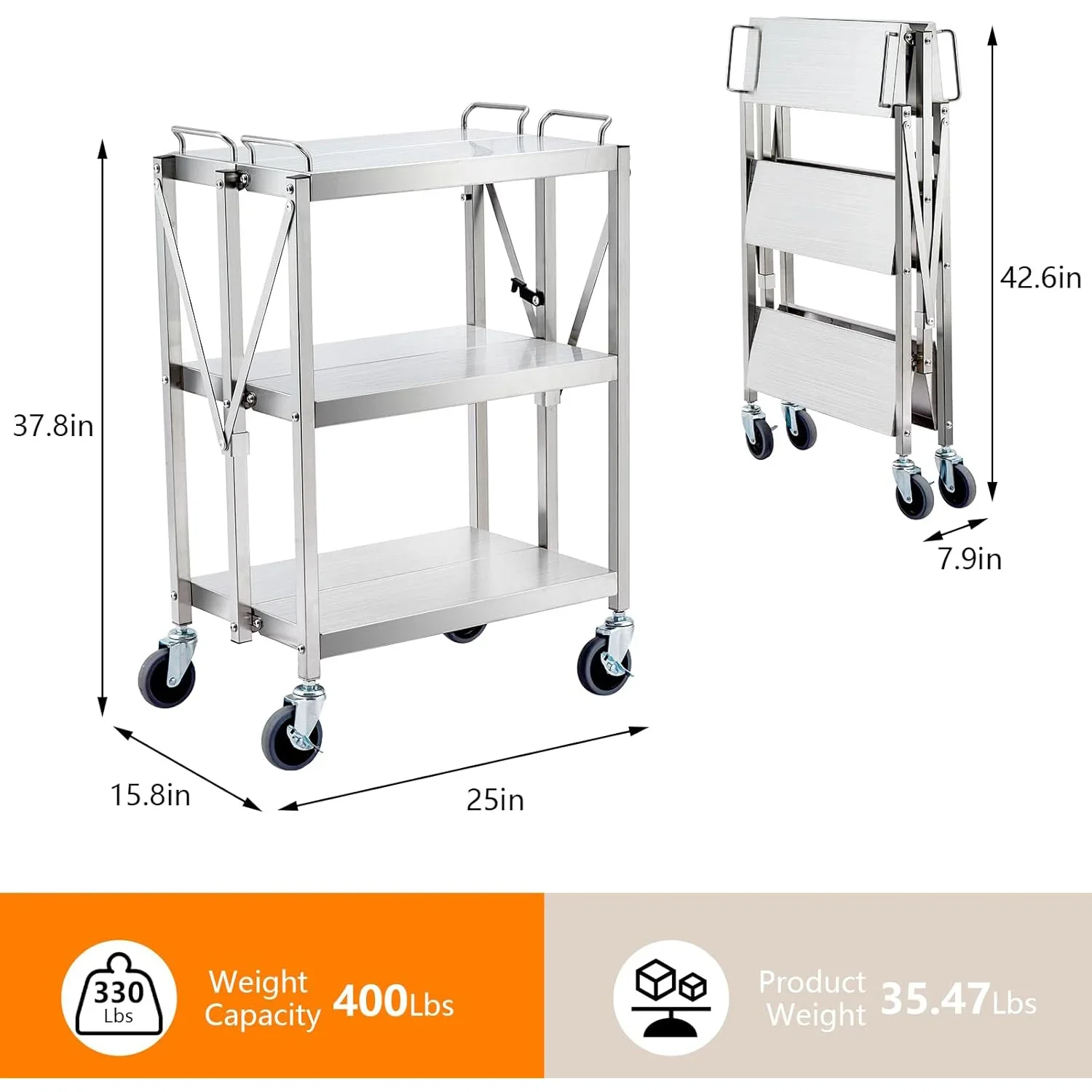 Heavy Duty Folding Utility Cart, Stainless Steel Collapsible Service Cart 133 Lbs Large Loading Per Shelf, 3-Tier Rolling Cart