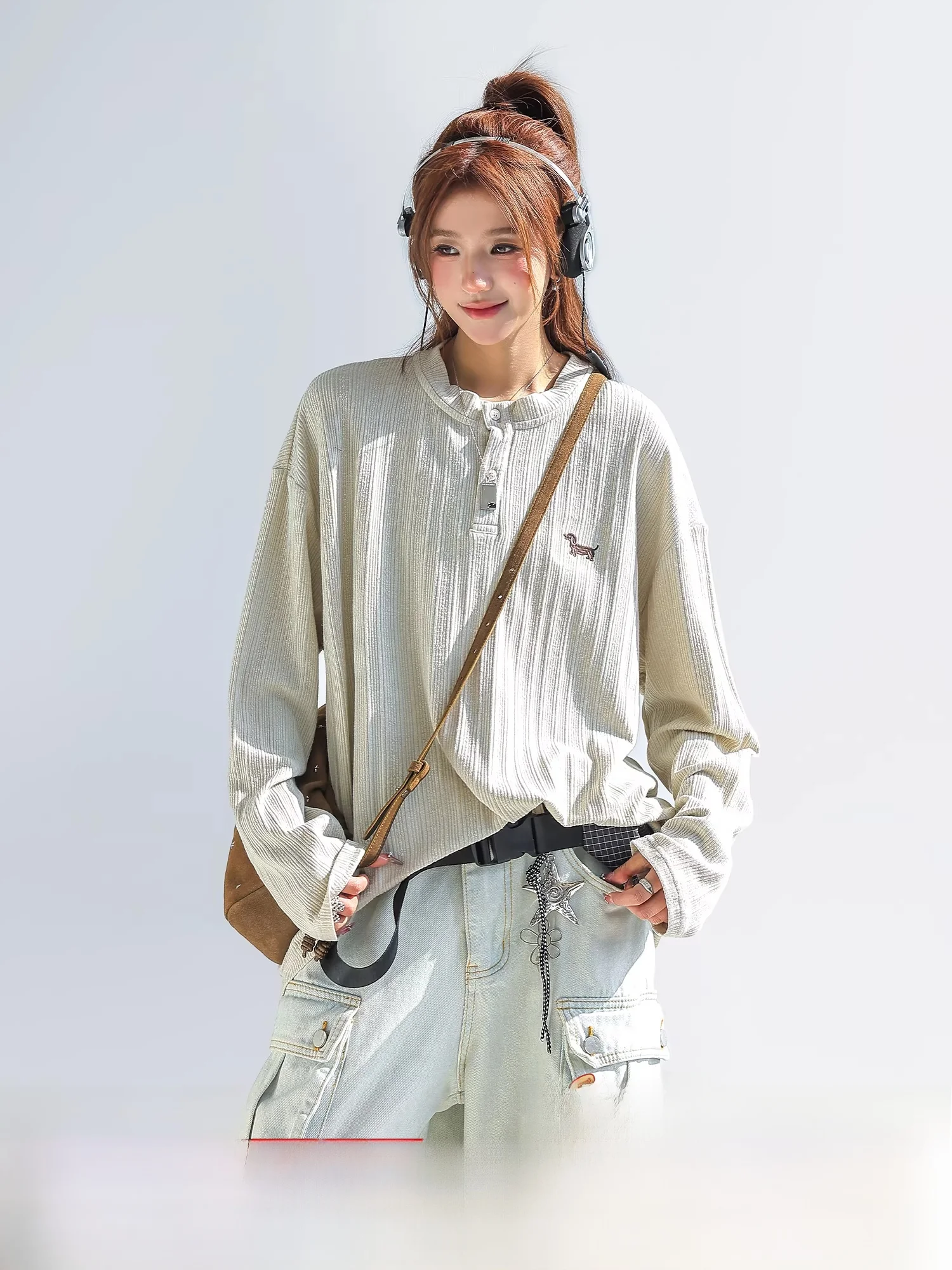 

Chant2nd Cute Long Sve Embroidered T-irt Women's Loose Henry Collar Top Casual Sle Spring Faion Breathable Cotton Blend