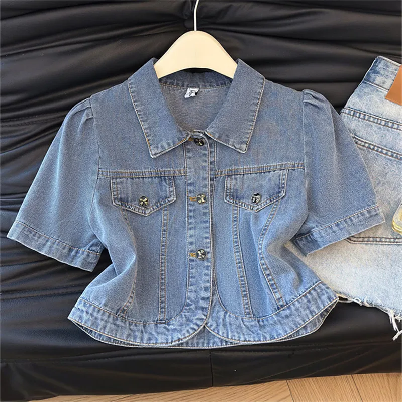 

Summer Women Thin Blue Short Denim Jacket Solid Color Slim Lapel Single-Breasted Long Sleeve Jeans Jacket Coat Chaqueta Mujer