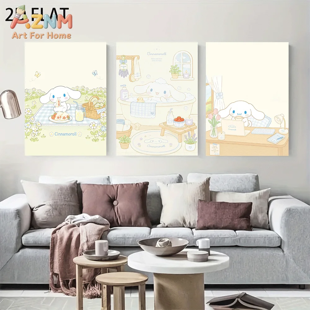 AZNM Cinnamoroll Canvas Wall Art Unframed Cute Cartoon Print Poster Picnic Bathing Study Desk Scene Kawaii Pastel Design for Gir