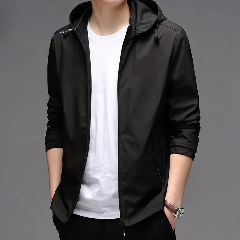 

Тонкое пальто с капюшоном, повседневная однотонная ветрозащитная верхняя одежда, весенне-осенняя элитная мужская куртка для молодых и средних лет, большой размер