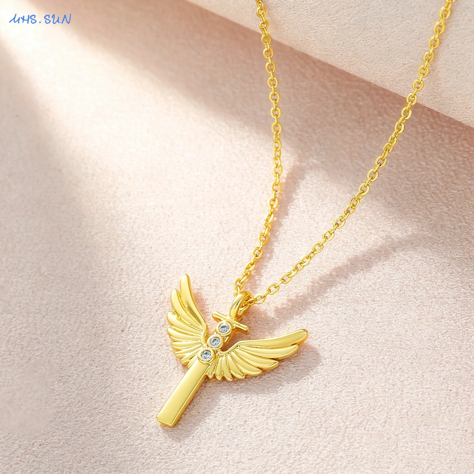 MHS.SUN Collares con colgante de cruz y alas de circonia cúbica para mujer, chapado en oro, Arcángel San Miguel, regalos de joyería