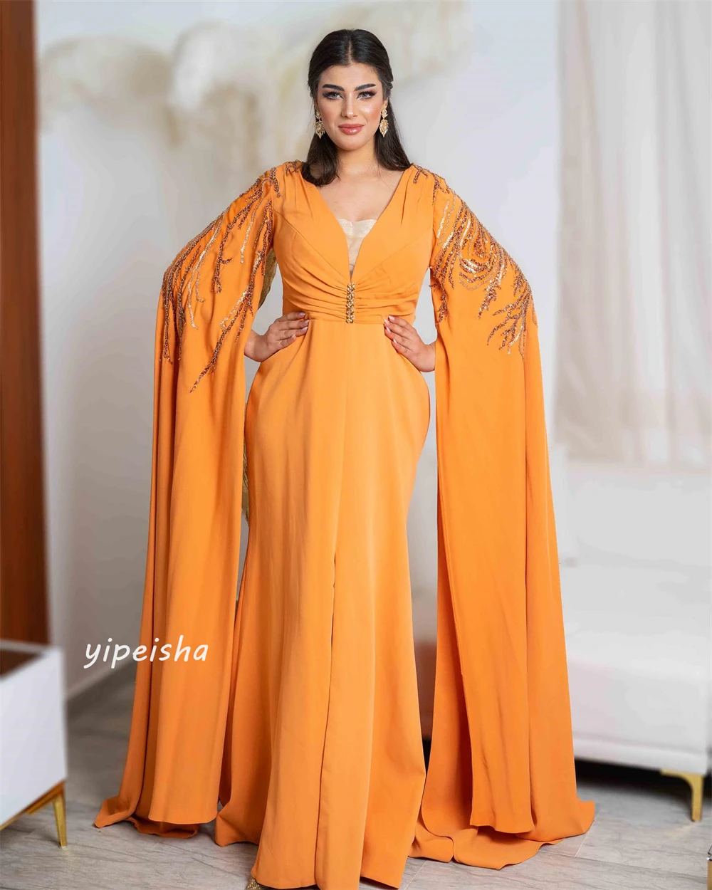  Evening  Sexy Casual  Jersey Draped Pleat Sequined Celebrity A-line V-Neck Bespoke Occasion Gown Long Dresses